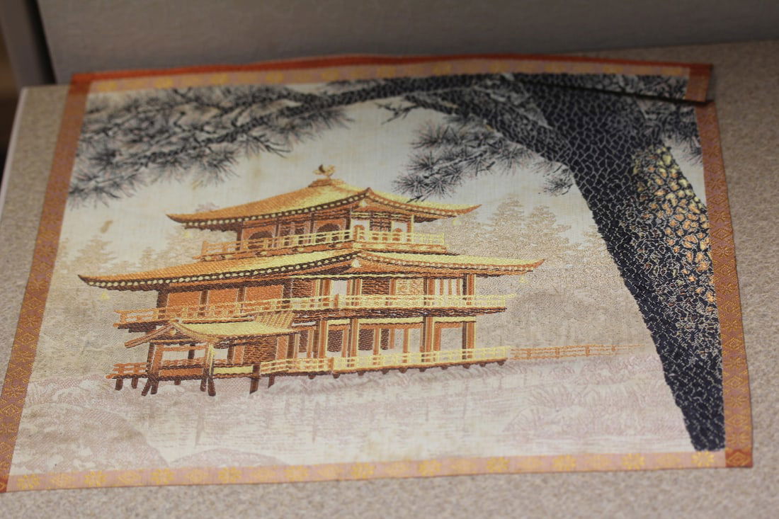 Vintage Japanese Pagoda: hand silked - please note= one corner folded as shown - unframed - overall= 10" x 11 5/8"