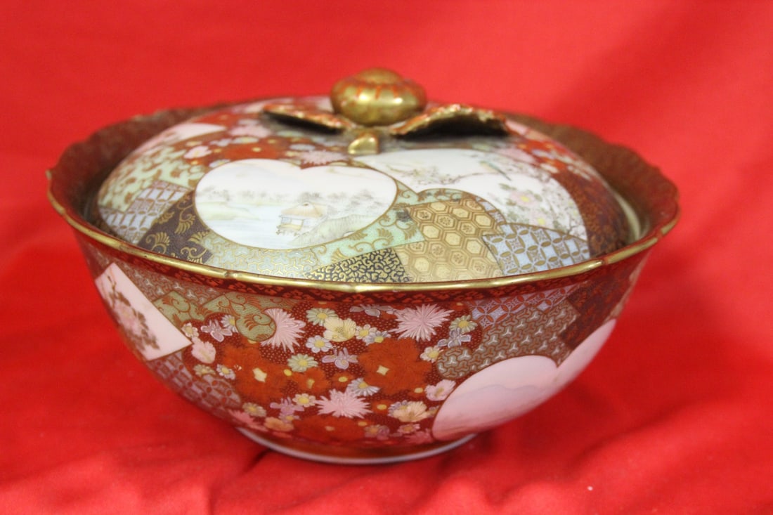 A Signed Japanese Cover Bowl: nicely done - one small repair on the rim - beautiful work - 7 inches in diameter