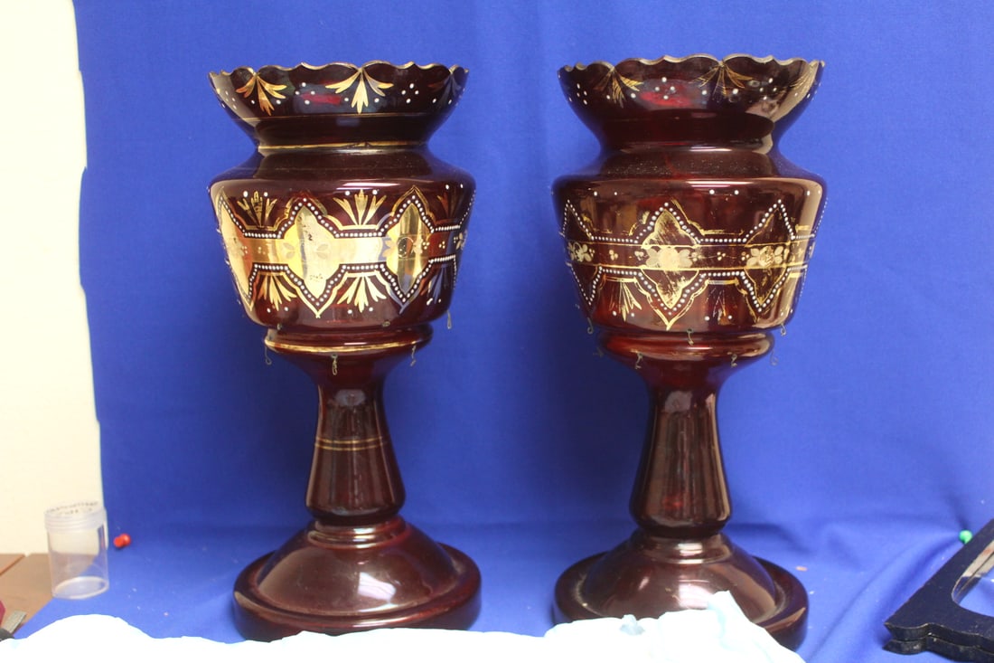 Lot of 2 Ruby Red Glass Urn: please note: one restored as shown - 14 5/8" tall - don't know if all the prizms are there or not