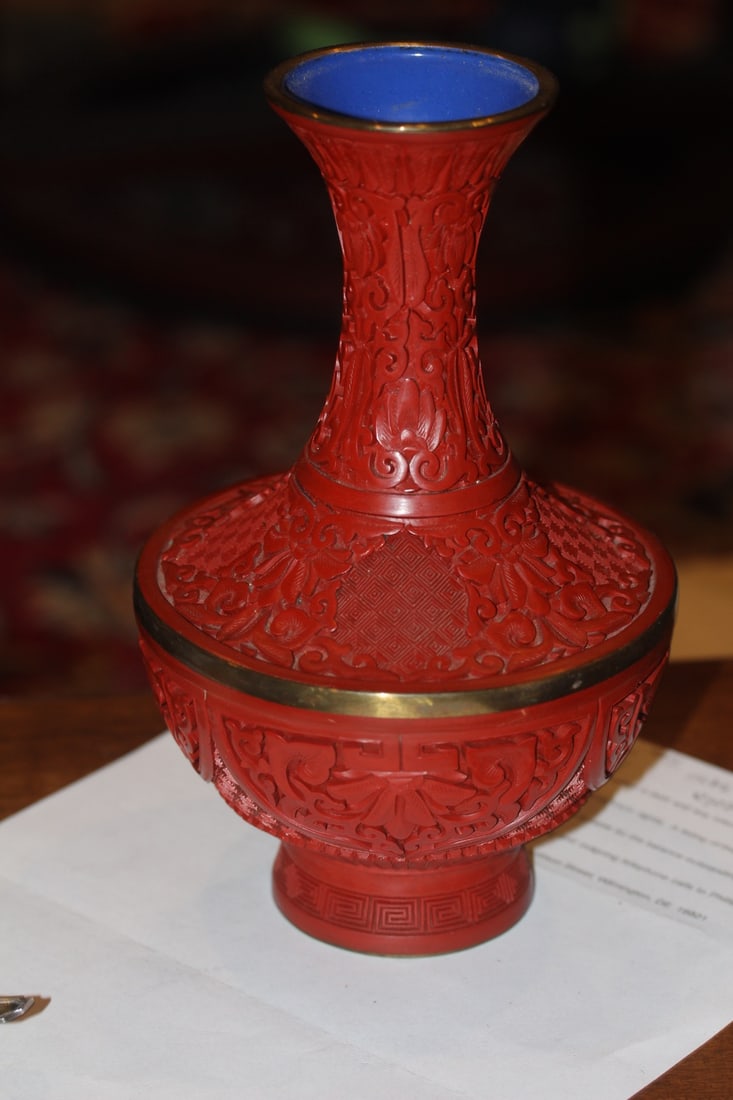 Chinese Cinnabar Style Cloisonne Vase: 9 3/8" tall