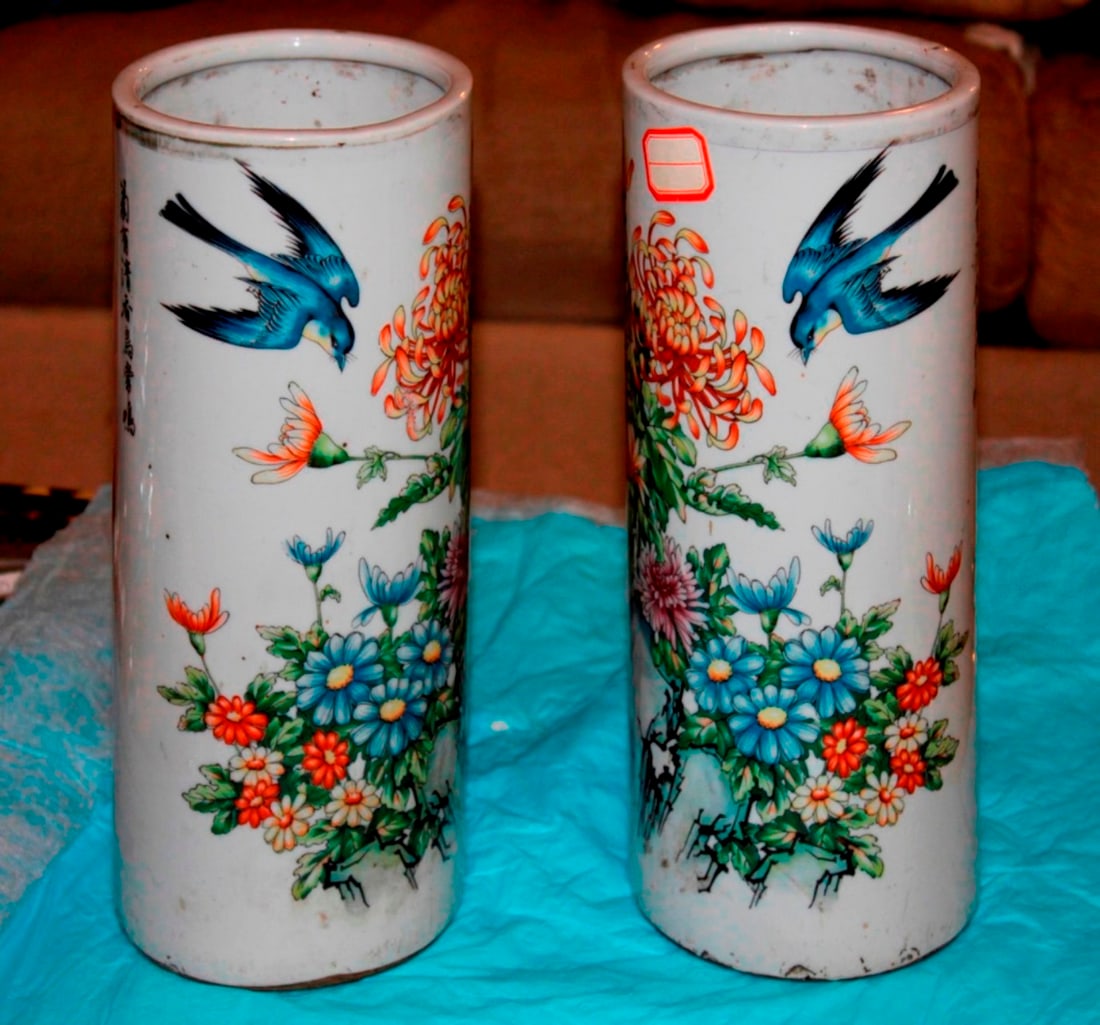 Pair of Antique Chinese Cylinder Vases: Circa 19th / 20th century. Mirror images. 11 1/8" tall.