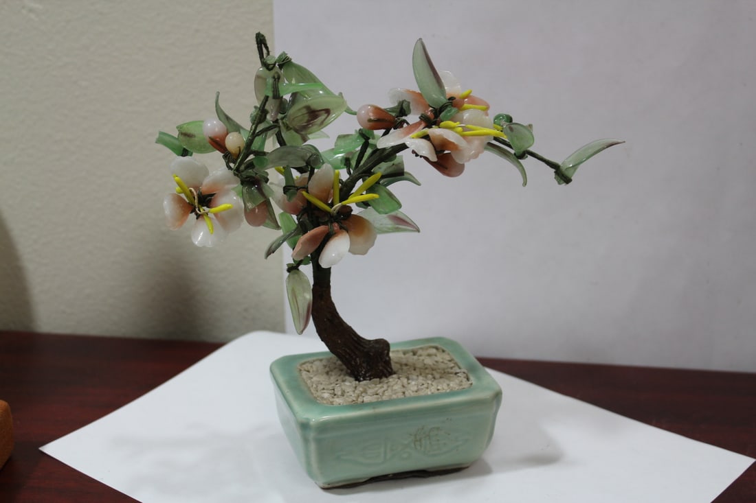A Chinese Glass Tree on Ceramic Base: please note: chips - approximately 8" tall