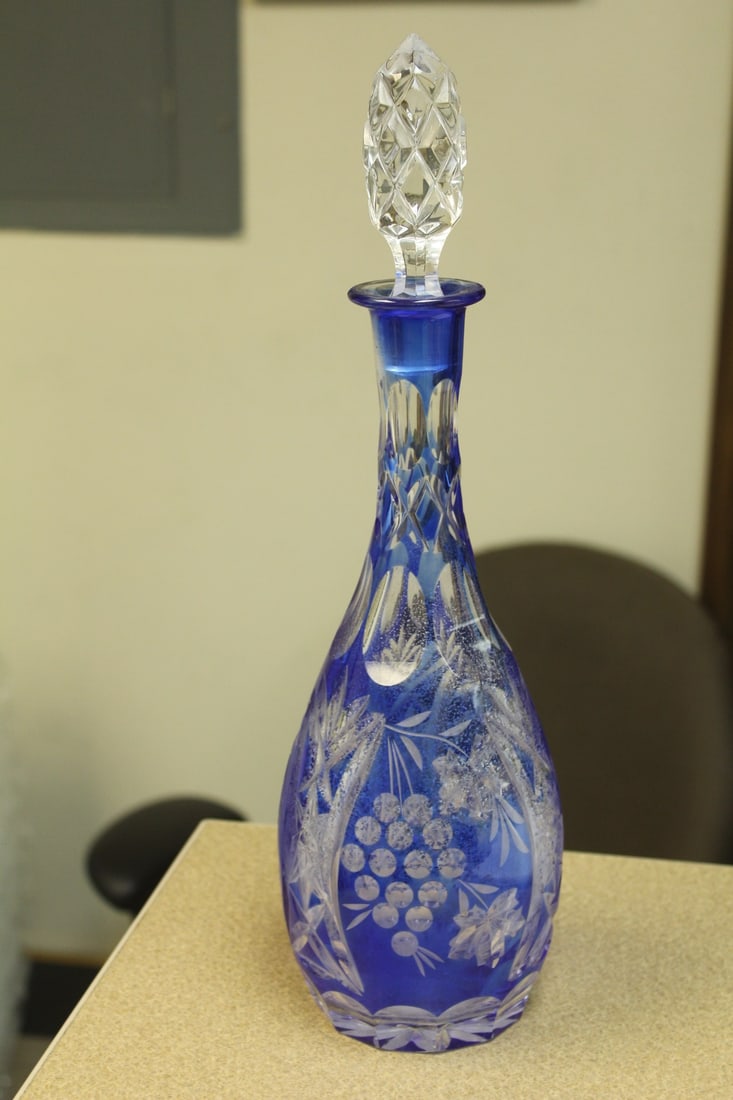 Cobalt Blue Cut Glass Decanter: 14 1/2" tall