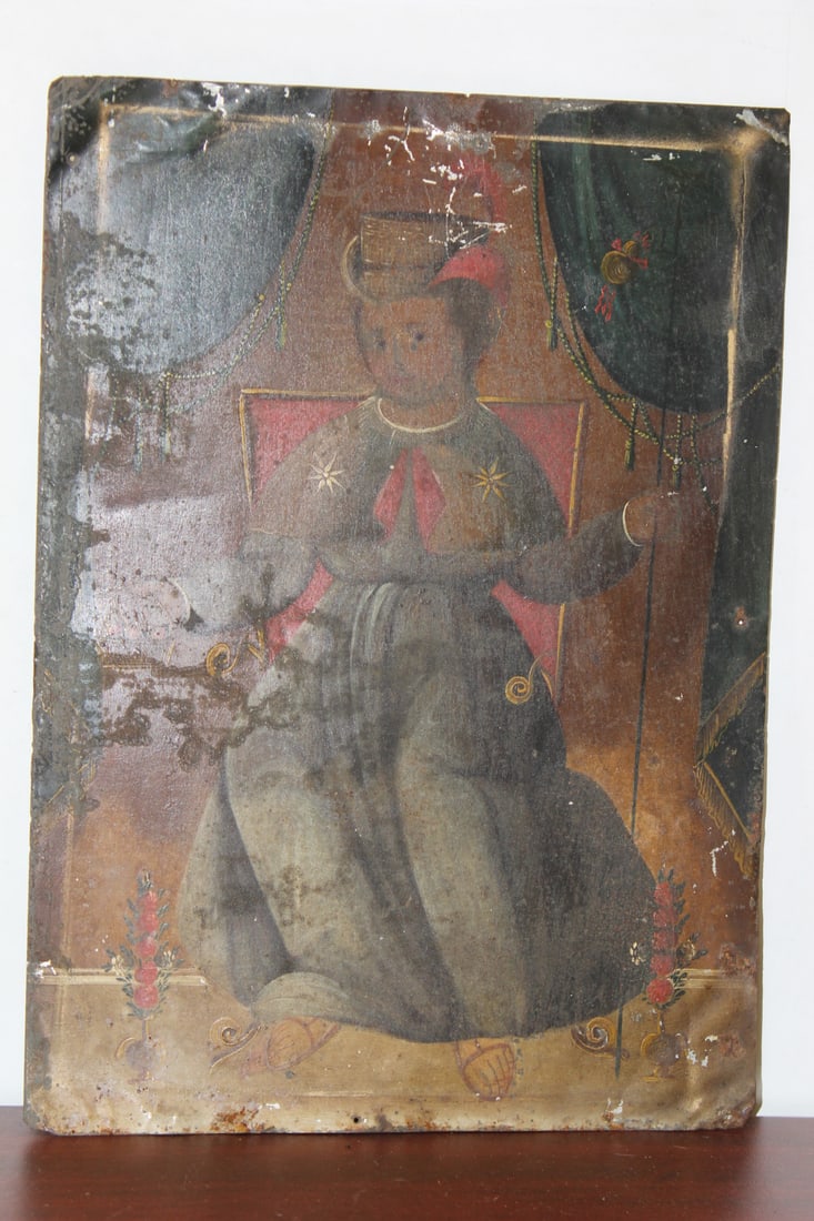 An Oil on Tin Board: 19th century or earlier - please note: paint loss - unframed - overall= 14" x 10"