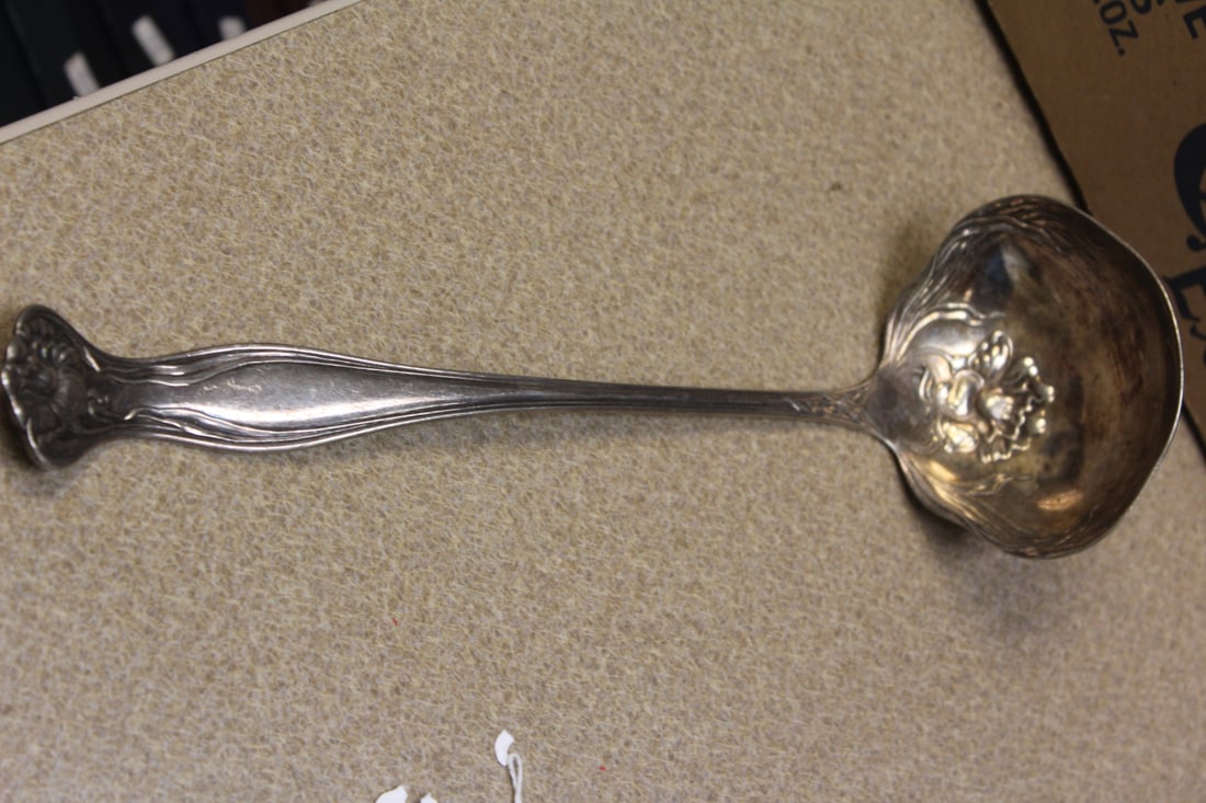 Ornate Silverplate Ladle: 11" across