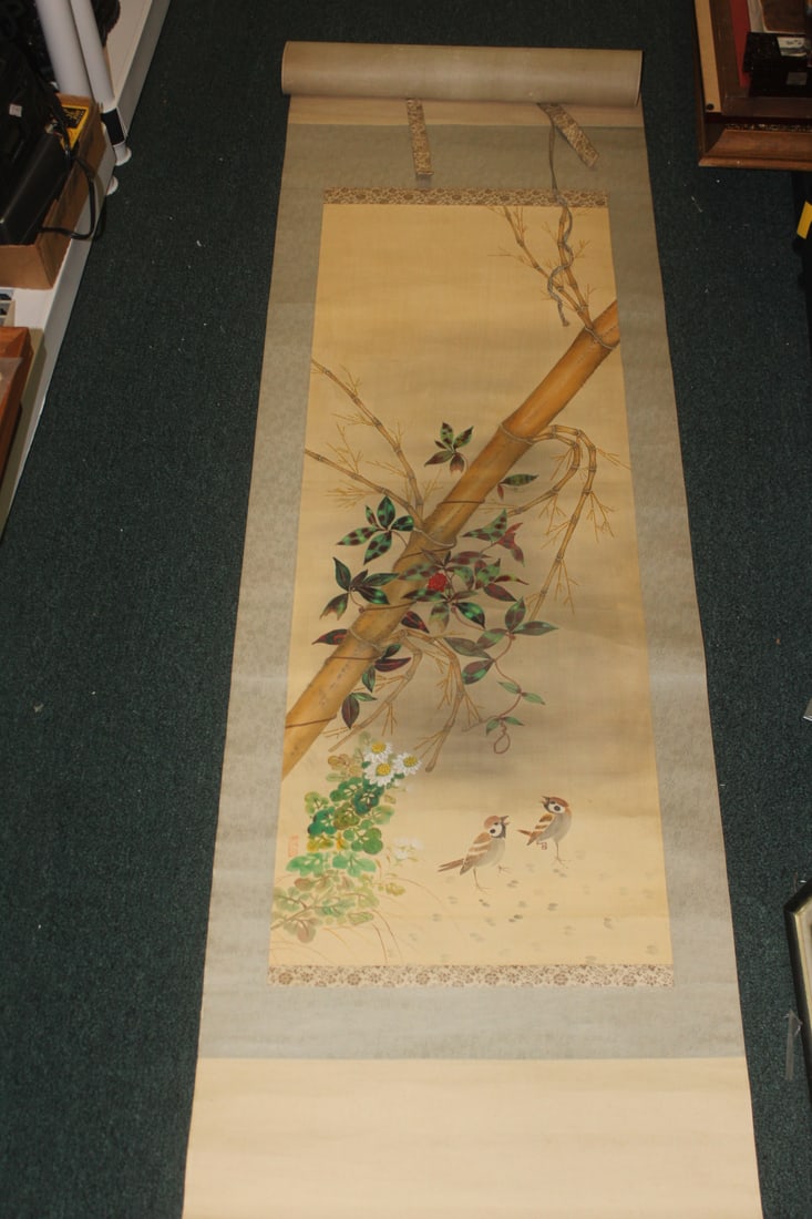 Chinese Watercolor on Silk: scroll painting - signed - overall= 73" long by 20 3/4" wide - sight= 42" x 15 1/2" wide