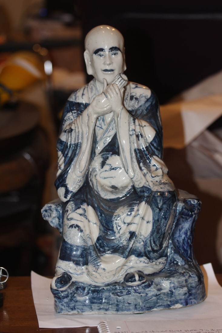 Signed Chinese Porcelain Buddha: or wise man - heavy - 16 inches tall by approximately 9 inches wide