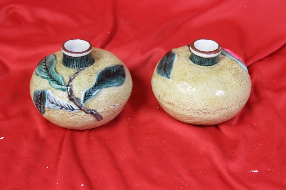 A Pair of Japanese Kutani PorcelainIncense Holder: or candlestick? - signed - 3 inches tall