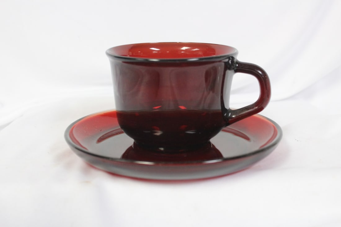 Ruby Red Glass Cup and Saucer: diameter of saucer is 5 5/8"
