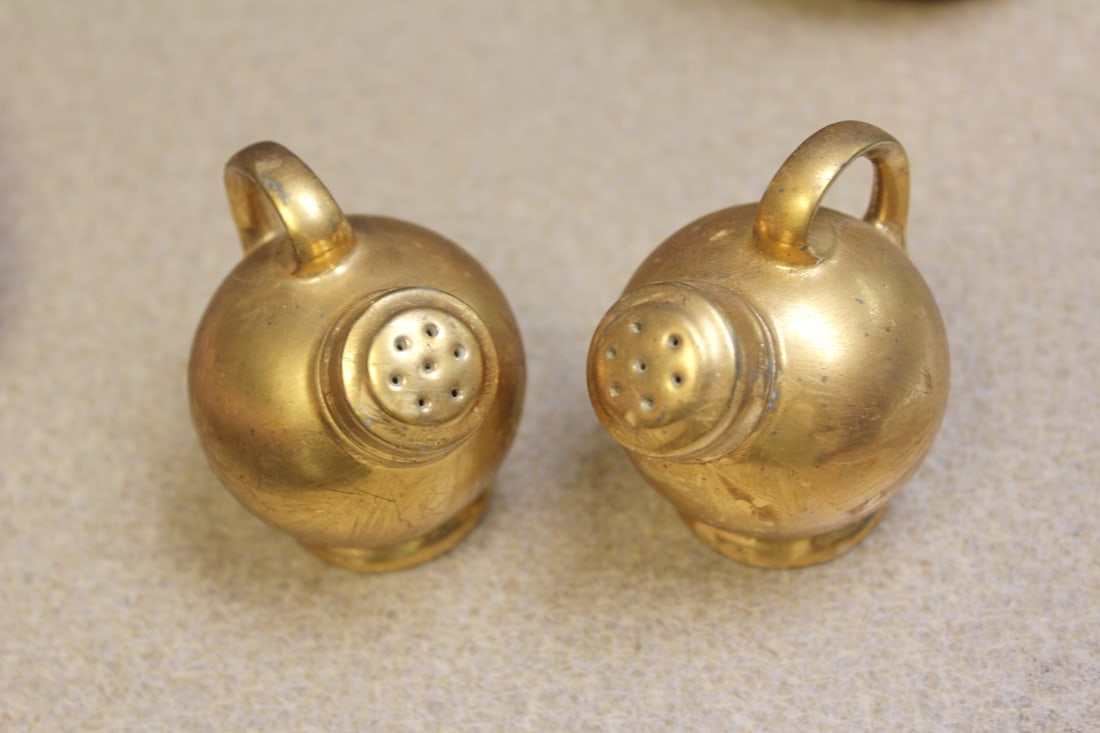 Pair of Gold Plated Salt and Pepper Shakers: porcelain - 2 1/4" across