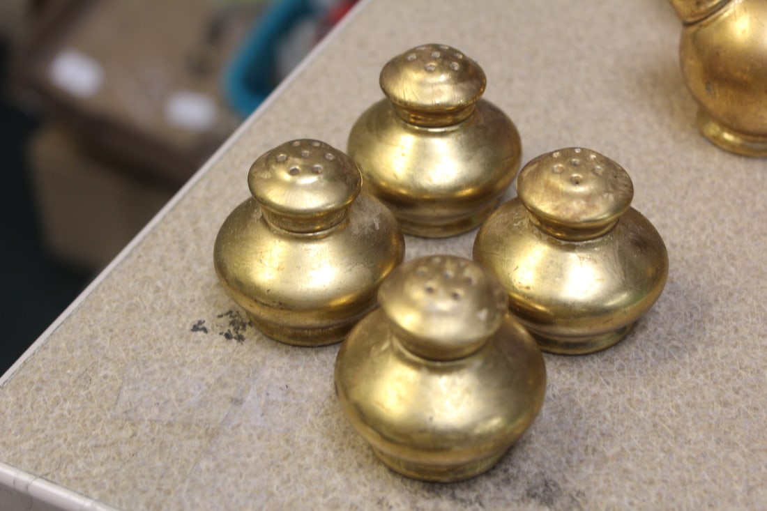 Set of 4 Salt and Pepper Shakers: gold plated - porcelain - 2 inches wide