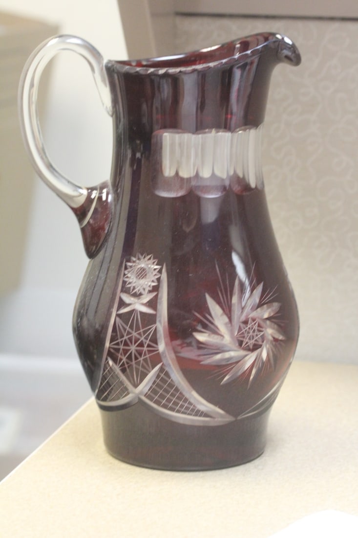 Ruby Red Glass Pitcher: nicely cut - 10 1/2" tall