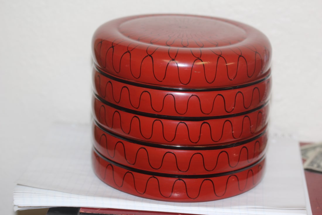 Japanese Lacquer Stacking Food Box: 6 3/4" wide by 5 3/4" tall