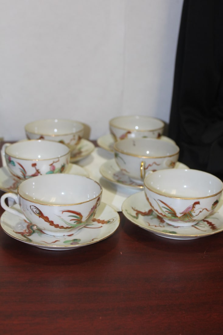 Set of 6 Chinese Dragon and Phoenix Cup and Saucer: vintage - cups= 3 7/8" in diameter