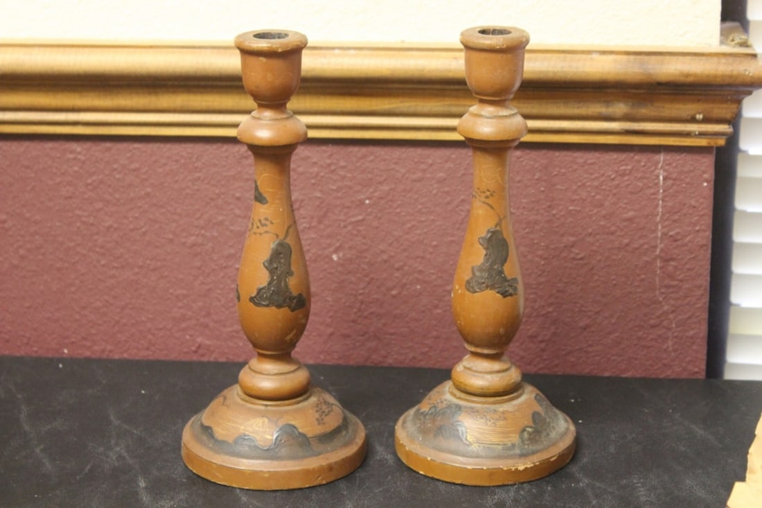 Lot of Two Oriental Wooden Candle Sticks: 9 1/2" tall each