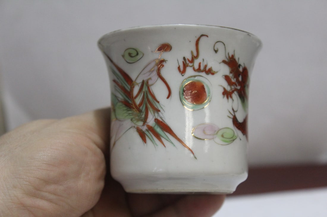 A Signed Dragon and Phoenix Chinese Cup: mid century - 2 5/8" tall