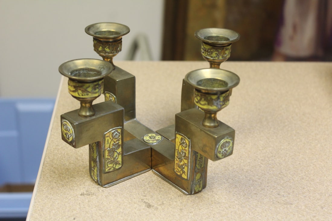 Vintage Chinese Two Parts Candle Holders: enamel and brass - each= 7 1/8" long - marked China