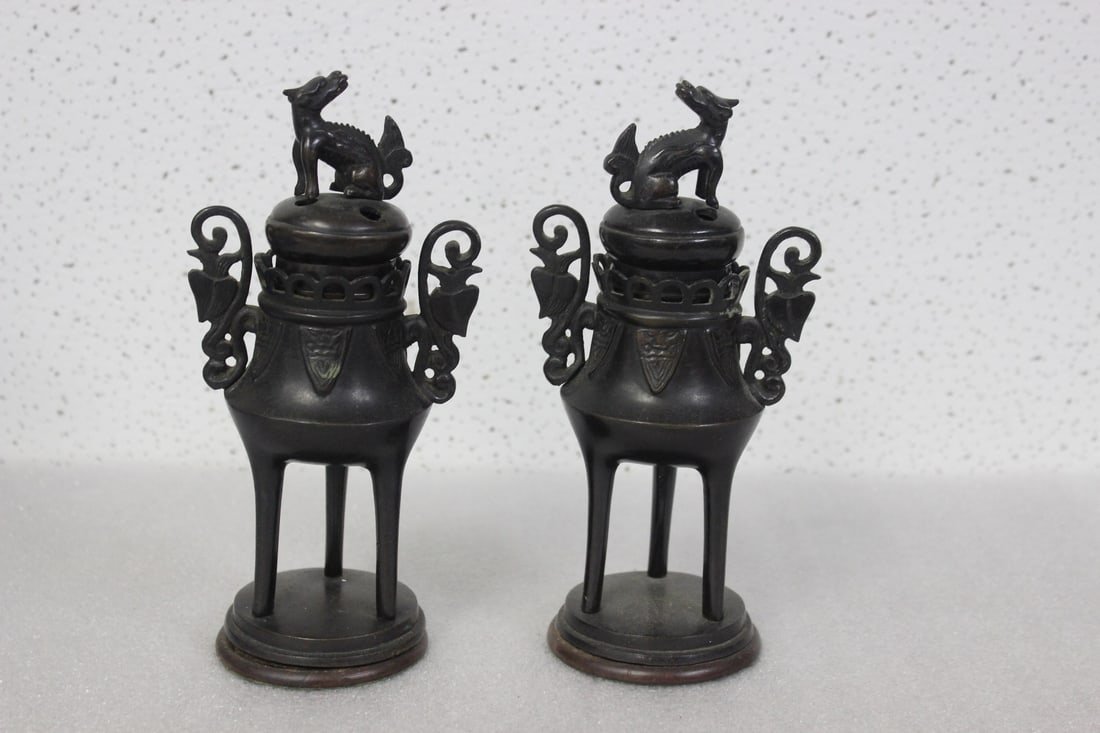 A Pair of Antique Chinese Bronze Urn: One of the base needs to be reattached, as shown - 7 5/8" tall - 19th or 20th century