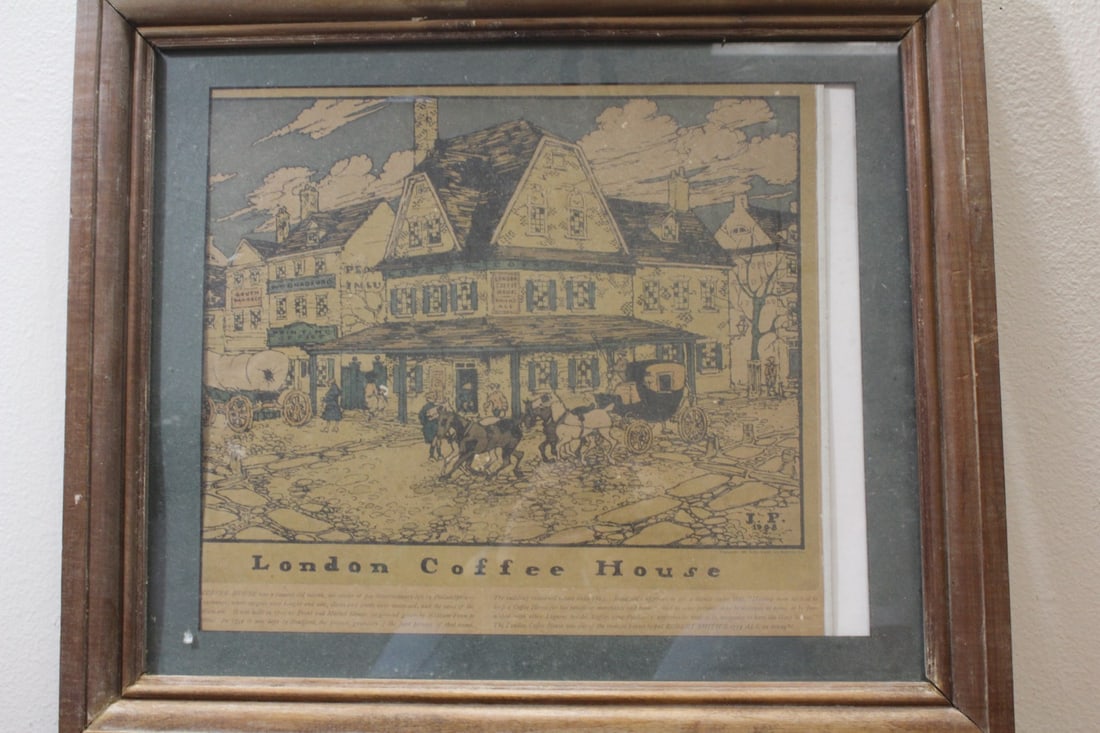 A 1909 London Coffee House Advertising Print: please note= little worm holes - overall= 20" x 17 1/2"