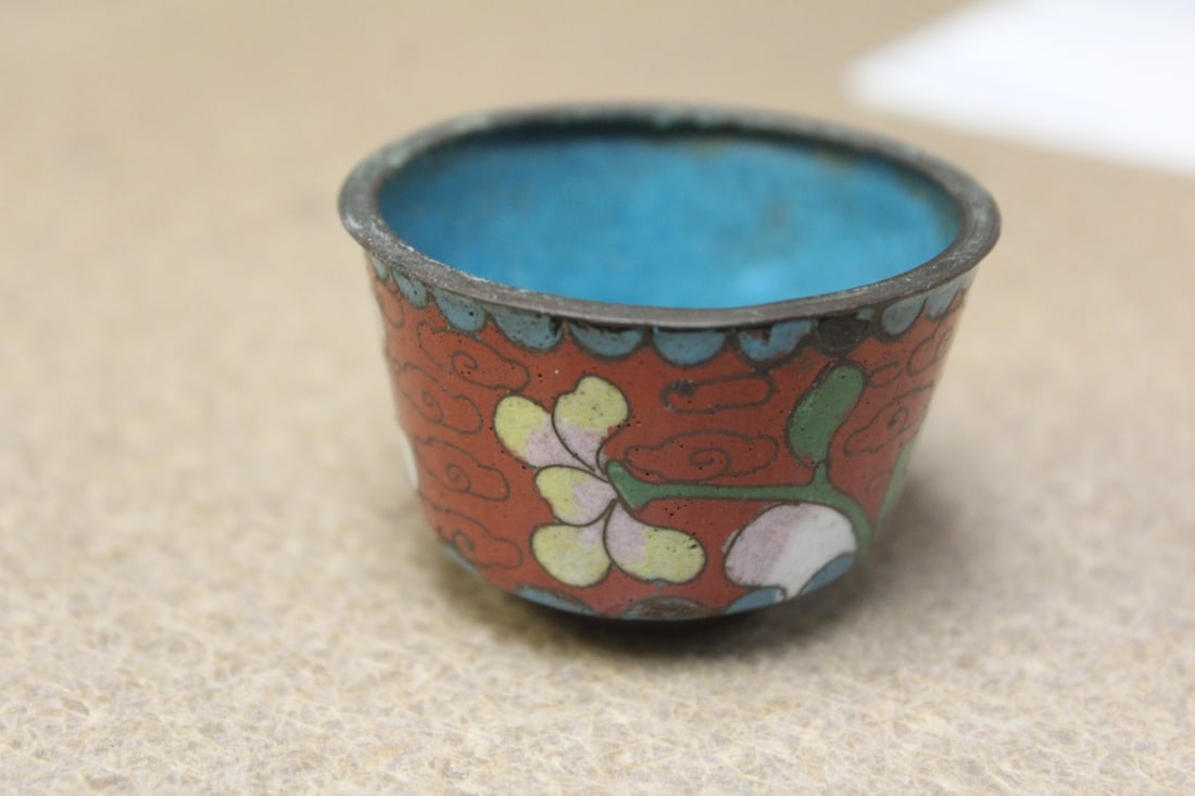 Antique Chinese Small Cloisonne Cup: please note: enamel loss as shown - 2" in diameter