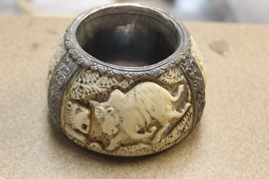 Carved Bone and Metal Asian Candle Holder: bottom diameter= 3 5/8"