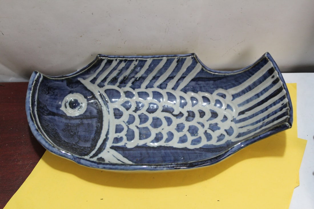 A Blue and White Fish Bowl: most likely Japanese - artist signed - 11 5/8" long