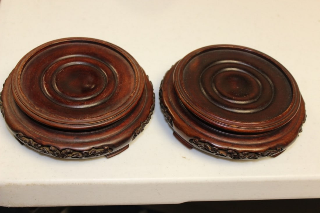 Pair of Chinese / Asian Wood Stands: Inside diameter is 4". Circa 19th / 20th century - Please note minor loss on one of them.