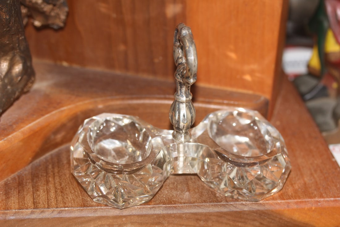 Sterling Handle Trinket Dish: sterling handle and cut glass - 5 1/8" wide by 4" tall