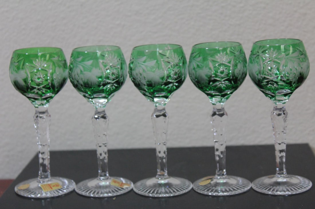 A Bohemian Nachtmann Small Goblets: cut to clear - set of 5 - green color - 4 3/4" tall each