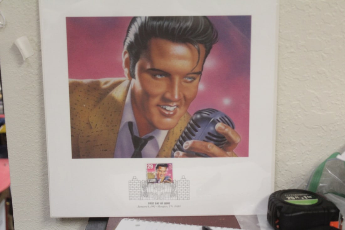 Elvis Print with Stamp: Elvis print with first day of issue stamp - still sealed - 12 1/4" square