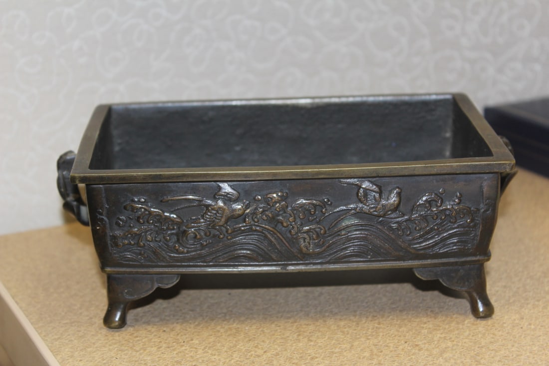 Antique Bronze Planter: Chinese/Asian - carved - with handle - 7 3/8" across