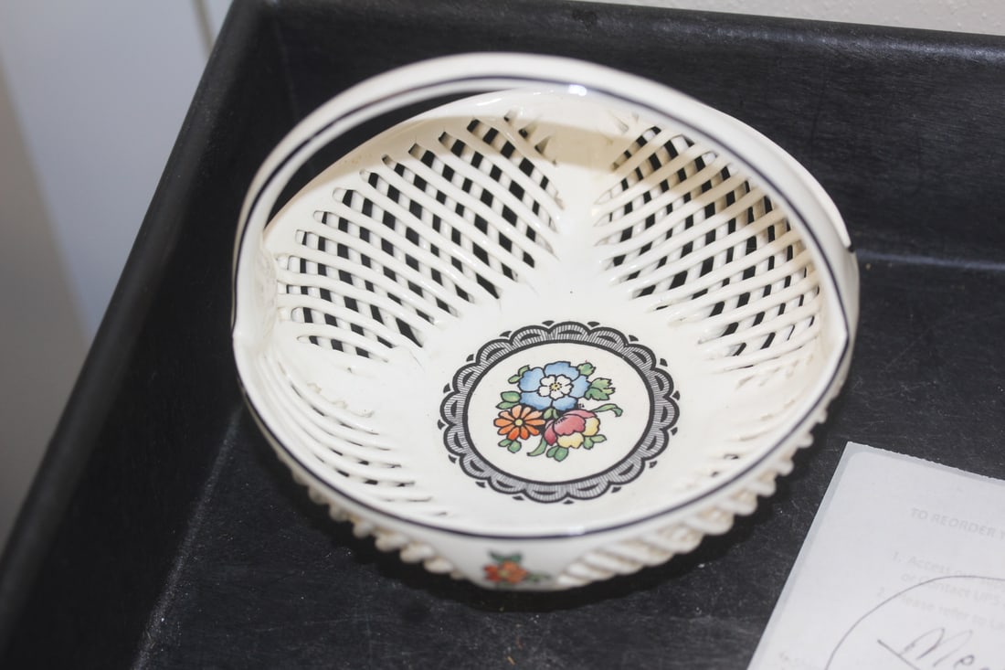 German Reticulated Small Basket: ceramic - 5" tall to the handle - 5" in diameter