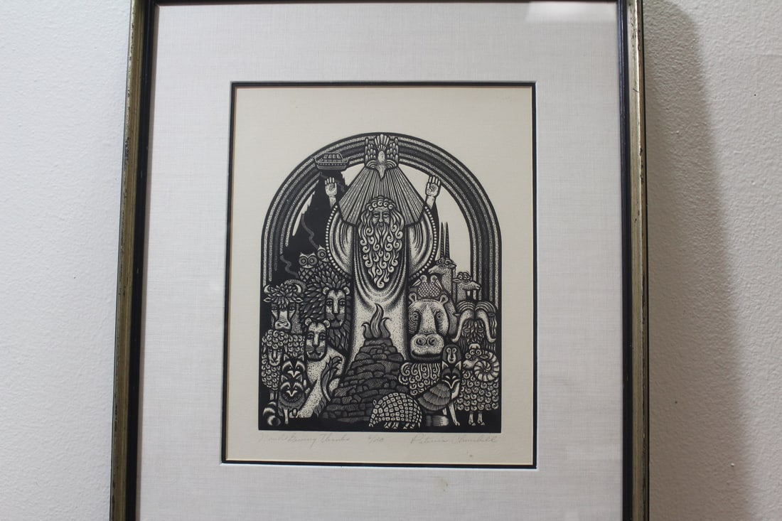 A Patricia Churchill Woodcut - Noah Giving Thanks: sight= 12 1/4" x 10" - overall= 20 1/2" x 17 1/2" - signed on lower right - titled and numbered 6/20
