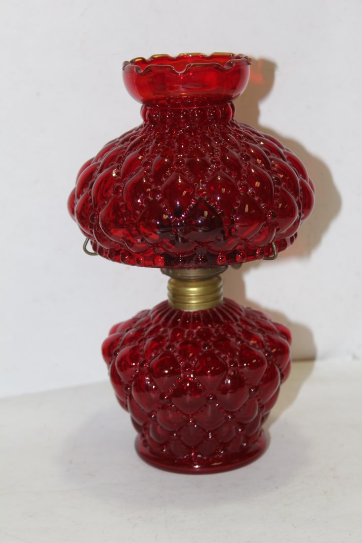A Rare Victorian Ribbed Glass Oil Lamp: Cranberry glass -a ppears to be unused - overall= 7 3/4" tall