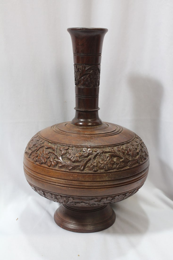 A Well Carved Wooden Vase: 12" tall