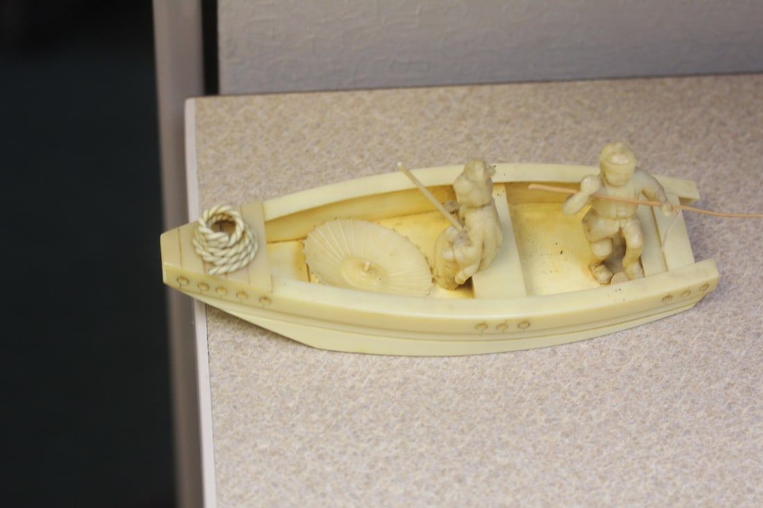 Antique/Vintage Japanese Celluloid Boat: with lady - please note: umbrella broken, needs to glue back , as found - 6 1/4" long