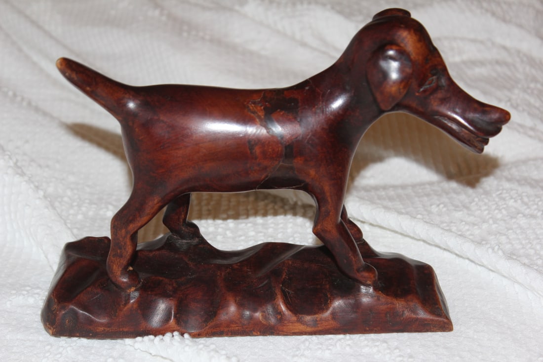 Exotic Wood Dog Figurine: well carved - signed - 9 inches across