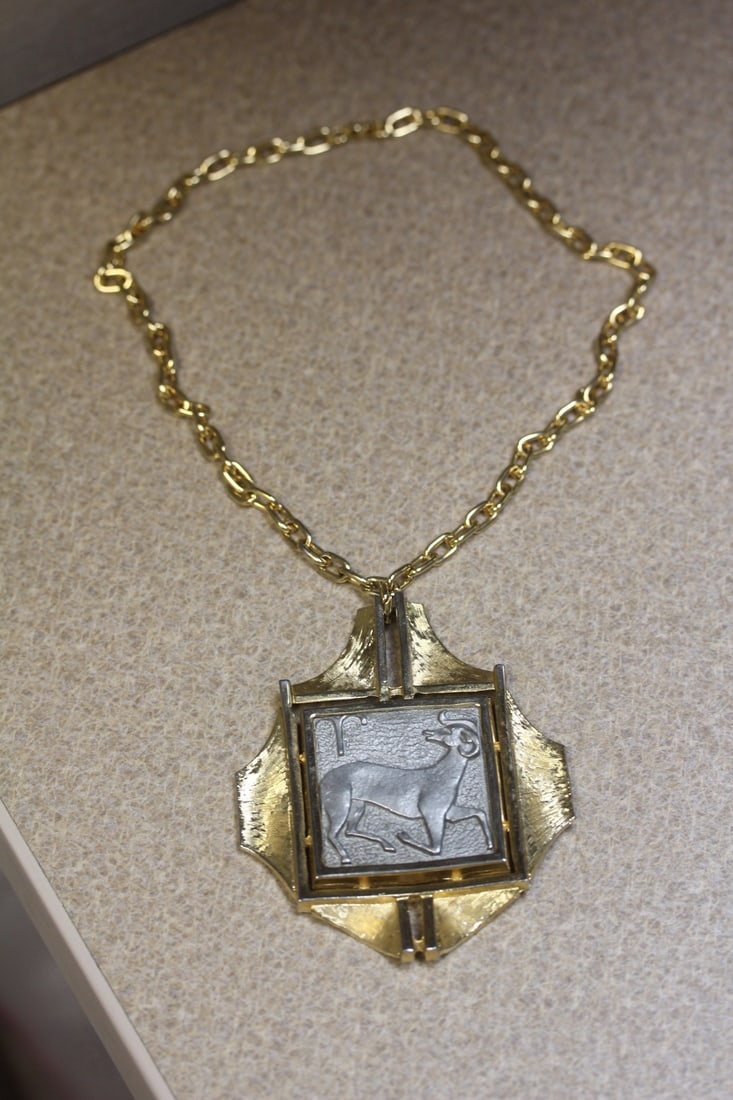 Gold Plated Pendant: signed Razza, massive, with chain, overall 11 3/8" when clapsed pendant only= 3 1/4"