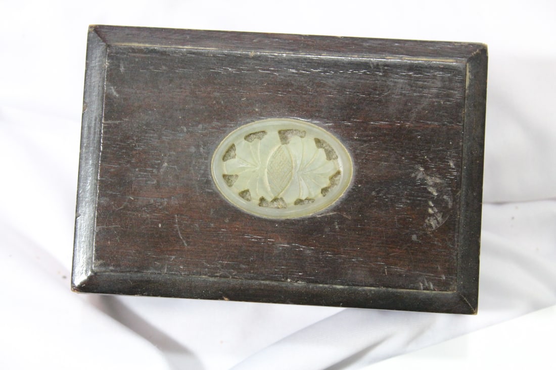 A Chinese Wood Box: with Jade on top - 4 7/8" across
