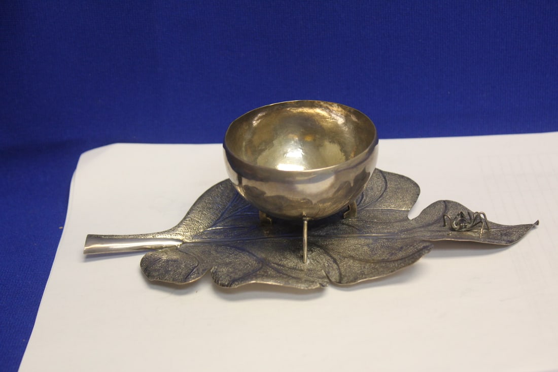 A Sterling Cup and Spider on Leaf: please note: one leg missing on spider - approximately 4 and 1/3 ounces - 7 7/8" across
