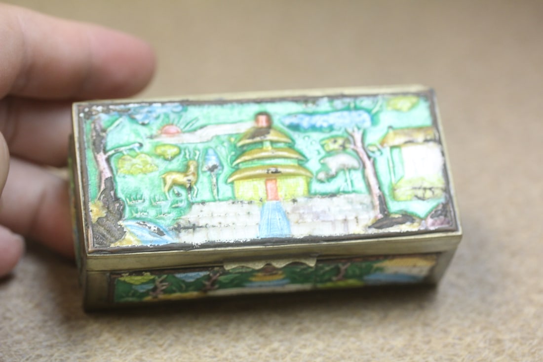 Antique Chinese Trinket Box: enamel and brass/bronze - two compartment - 3 1/4" across - marked China
