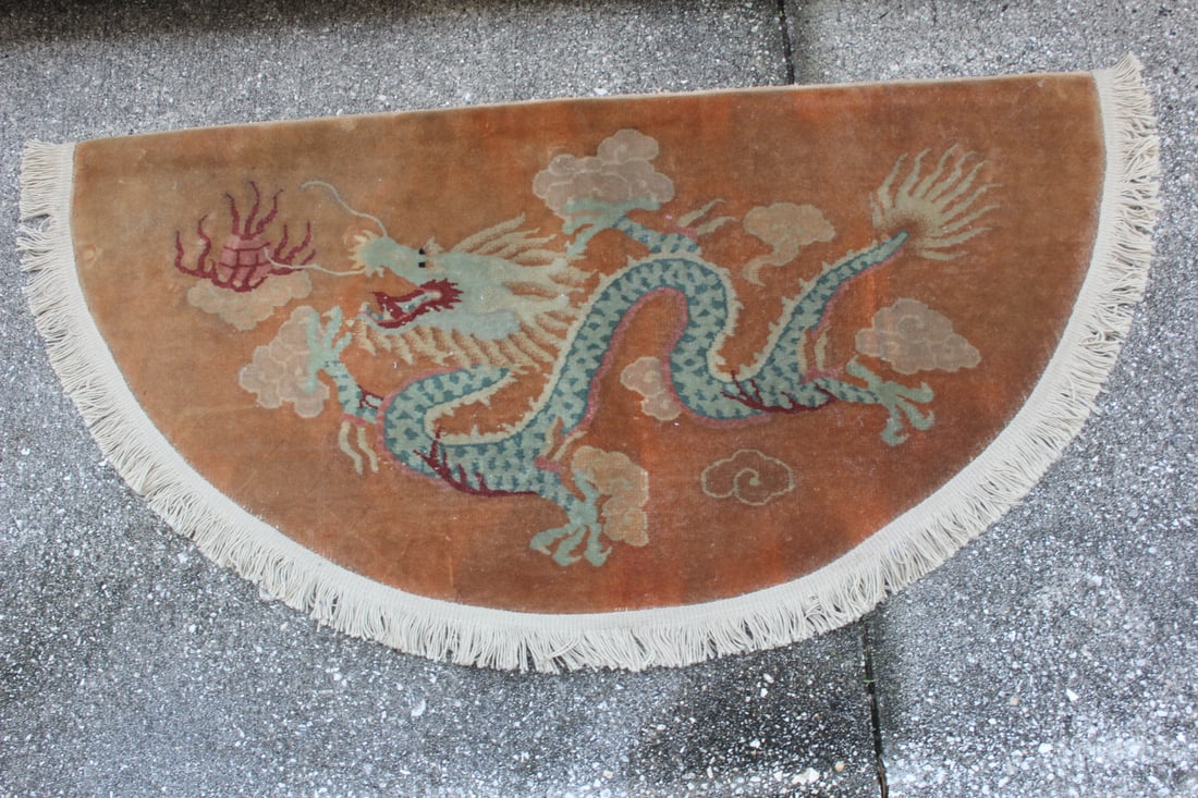 Deco Style Dragon Rug: half moon shaped - 1950's - measures approximately 48" x 25" without the tassels