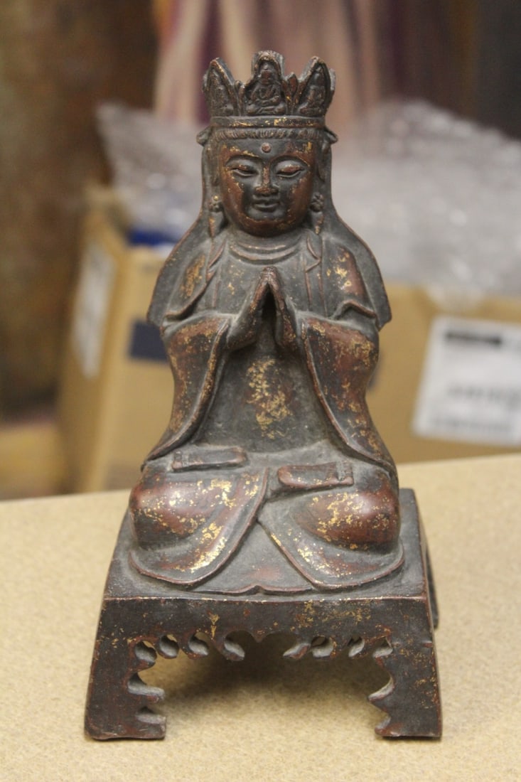 Antique/Vintage Chinese Buddha: gold gilted - bronze - tracies of gold still exists - signed on the back - exact age unknown - 8 1/4" tall