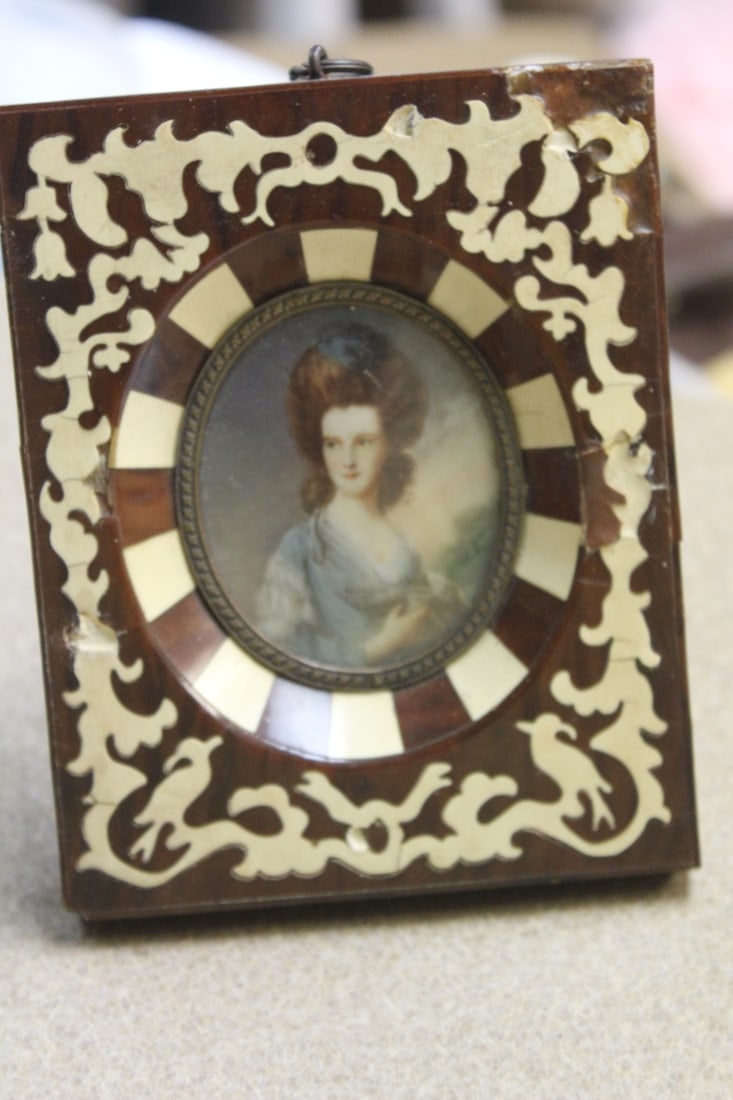 Hand Painted Signed Portrait: most likely on porcelain - framed - overall= 5 1/8" x 4"