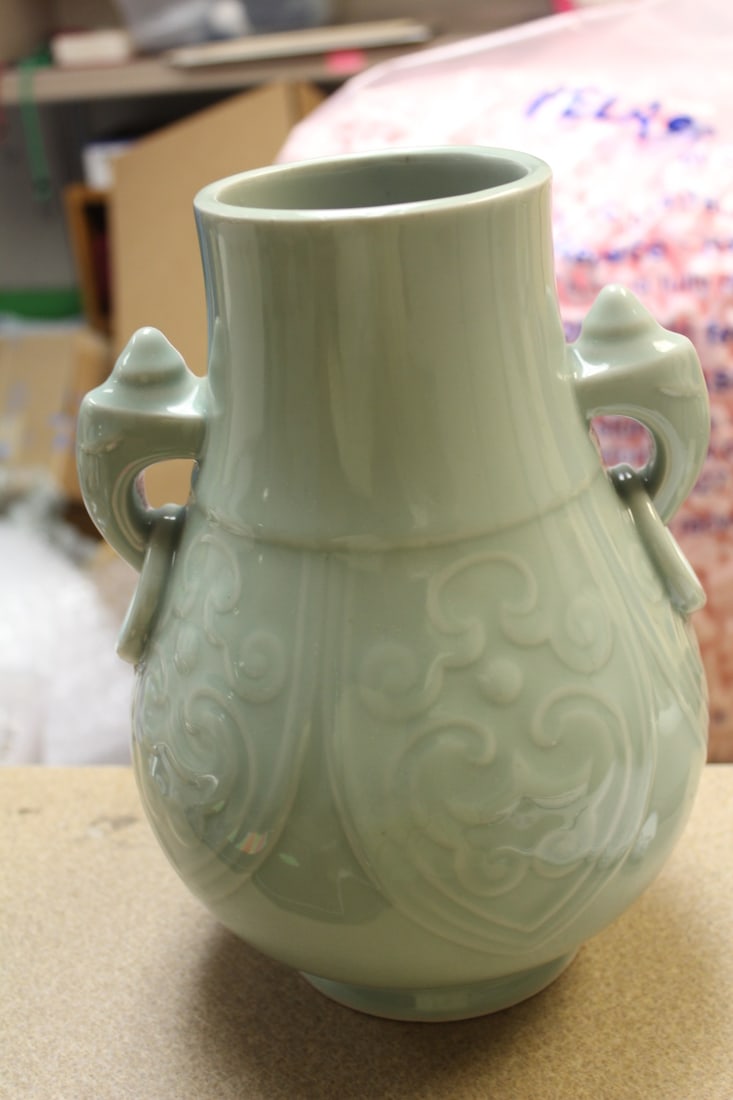 Chinese Celadon Elephant Vase: elephant handles - vase or urn - celadon glazed - gu shaped - 10 1/4" tall