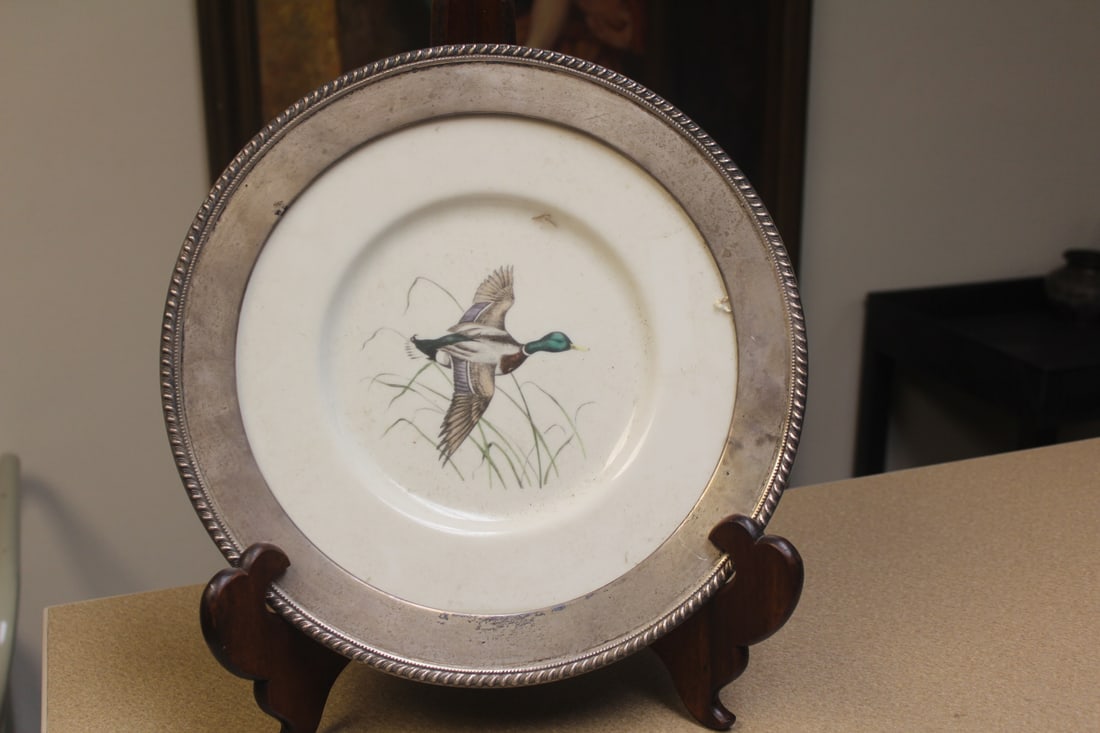 Porcelain plate: manced sterling rim Frank Whiting Mallard, 12 3/4" in diameter