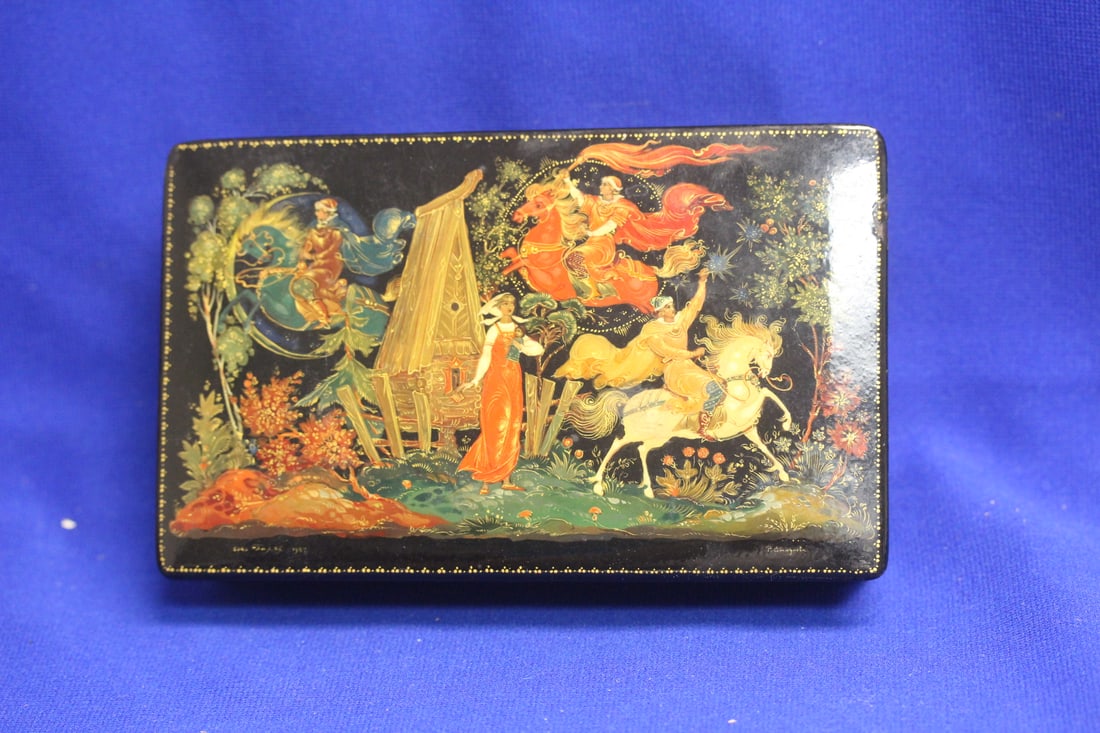 A Hand Painted Russian Lacquer Box: 6 5/8" long - dated USSR1987 - signed