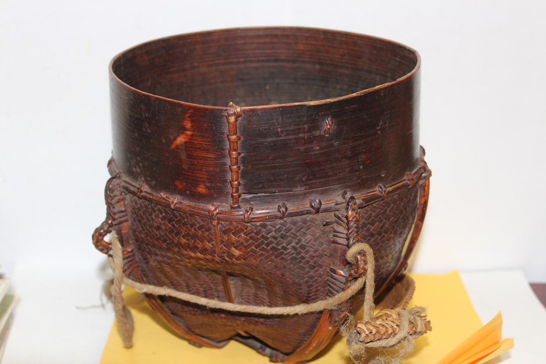 An Antique/Vintage Chinese Bamboo Rice Holder: 9" tall