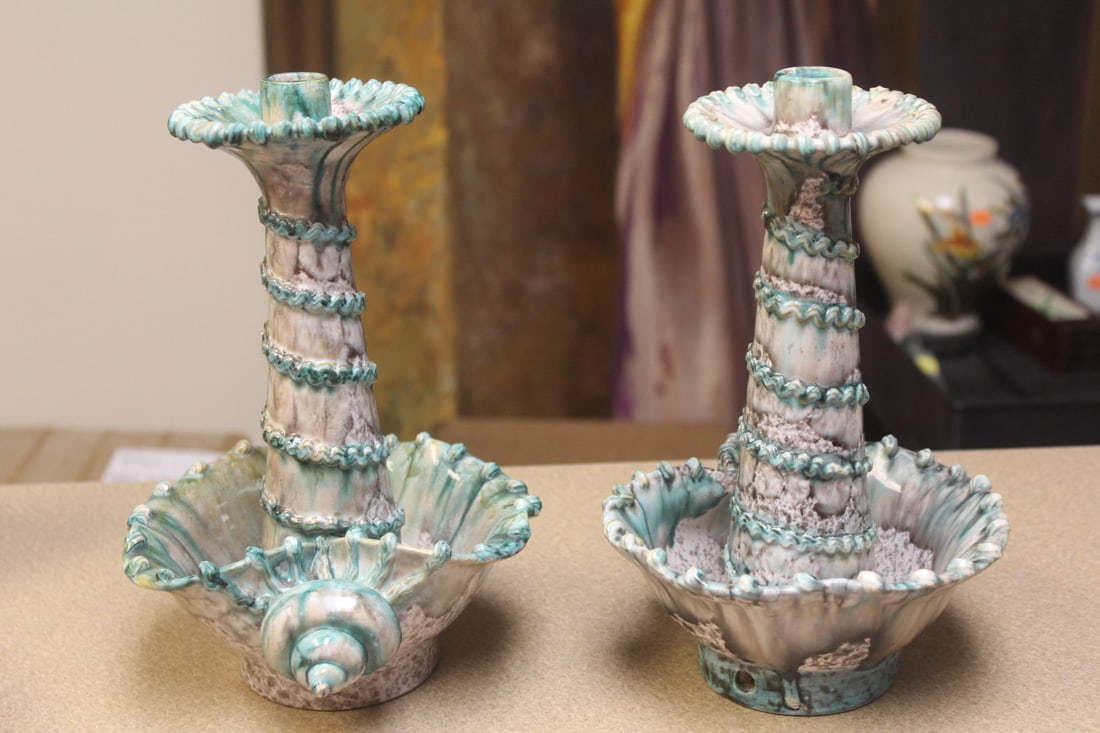 Pair of Italian candle sticks: please note; worn due to age 10" tall , Rio Dipanto