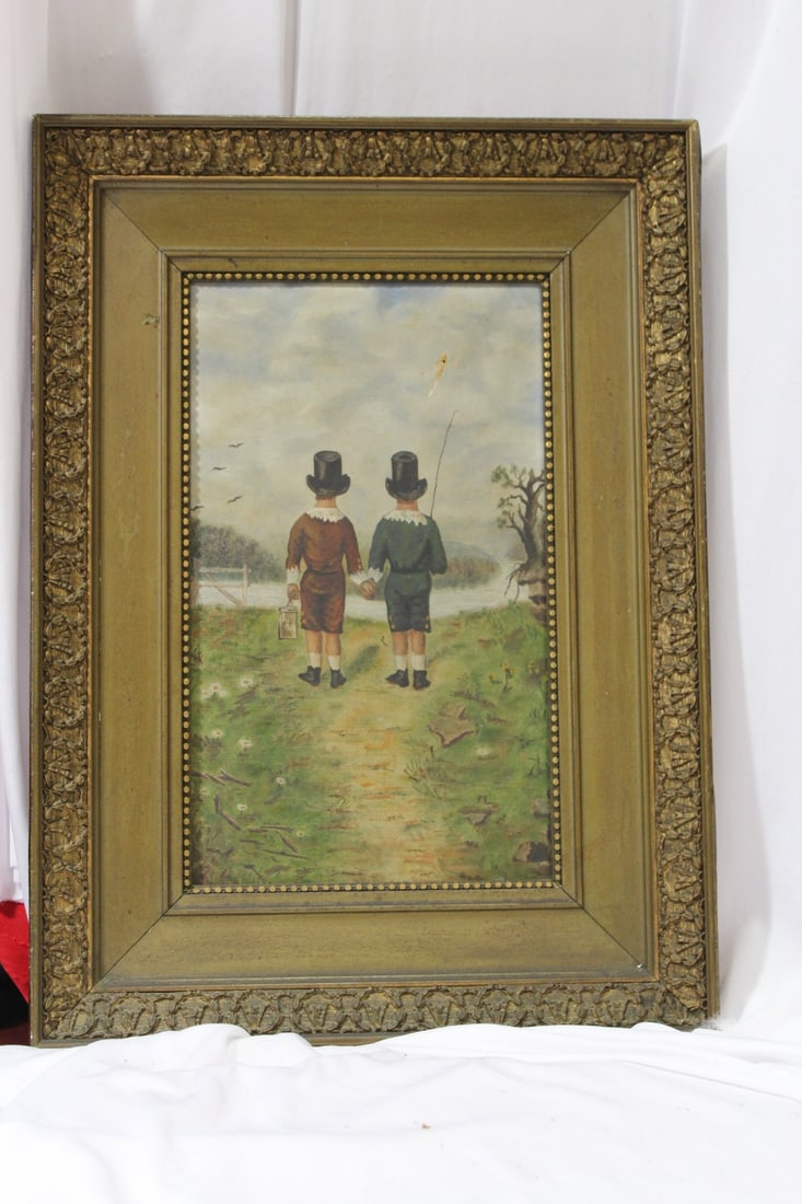 An Antique Oil on Canvas Painting: unsigned - 19th century - please note: hole - overall= 11 3/4" x 16"